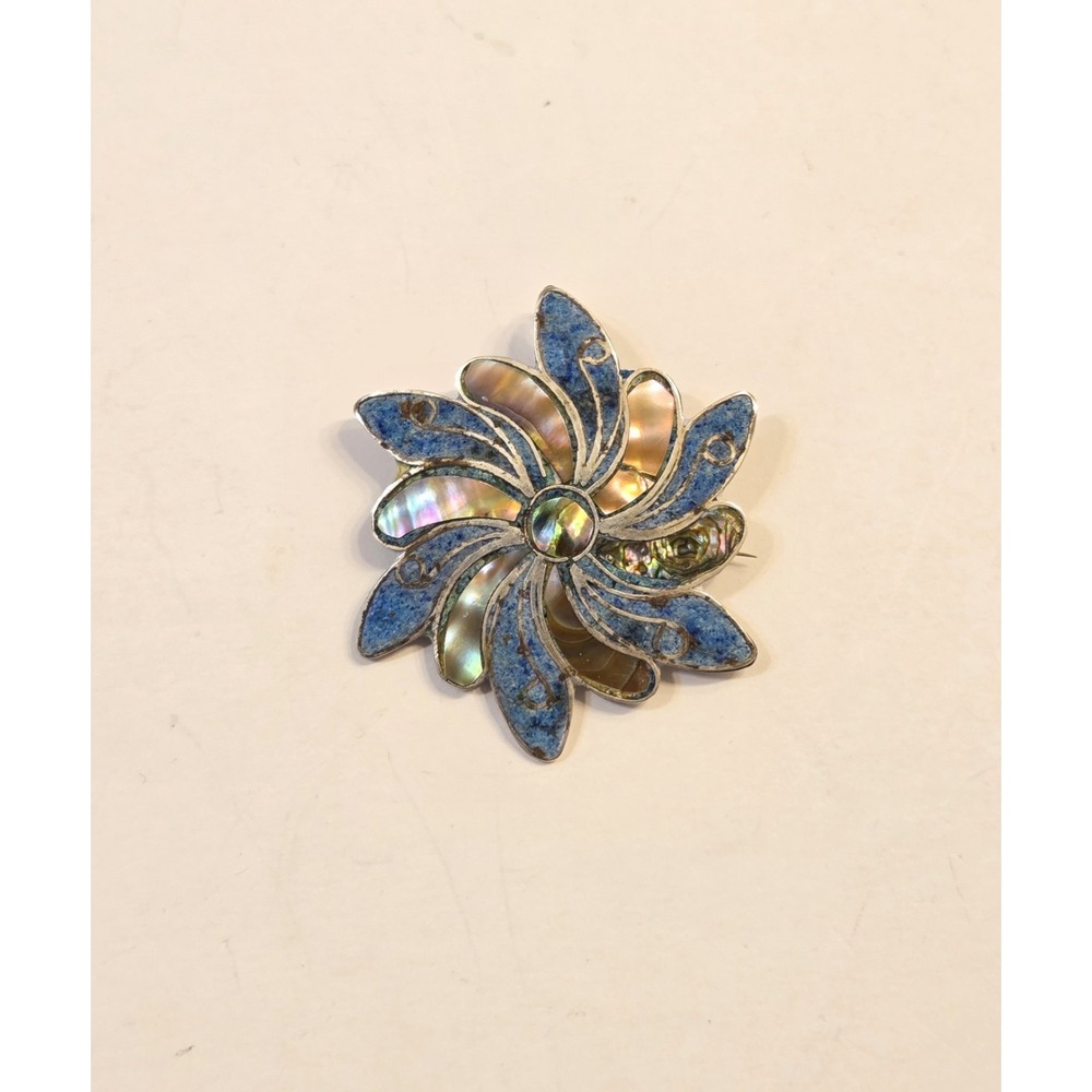 Vintage Sterling Silver Abalone Inlay Taxco Flower Pendant Brooch